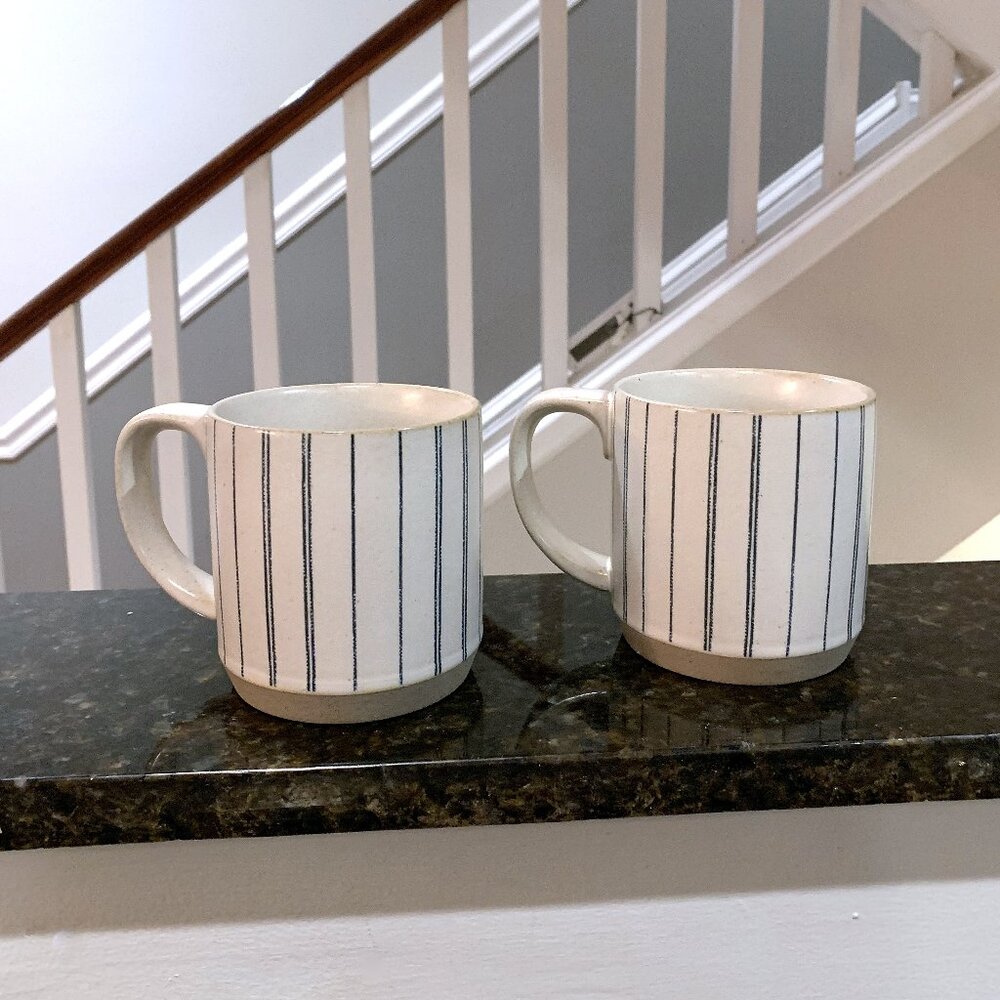 Set Of 2 Hearth & and Hand Magnolia Engineered Blue Stripe Coffee Tea Mugs NEW